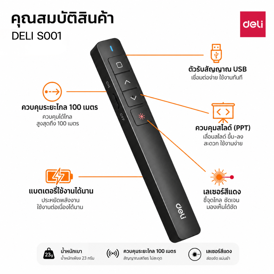 DELI ปากกาเลเซอร์พอยเตอร์ S001 (Laser Pointer) ไร้สาย 2.4GHz 100เมตร - Image 5
